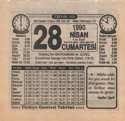 28 Nisan 1990 Takvim Yaprağı EFM(N)6181 - 1