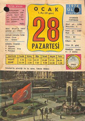 28 Ocak 1974 Takvim Yaprağı - Doğum Günü Hediyesi EFM(N)12425 - 1