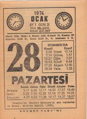 28 Ocak 1974 Takvim Yaprağı EFM(N)4891 - 1