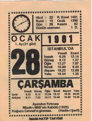 28 Ocak 1981 Takvim Yaprağı EFM(N)4674 - 1