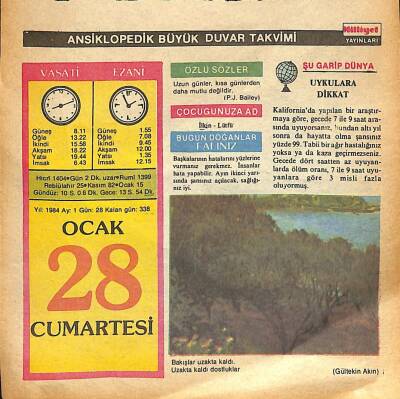 28 Ocak 1984 Takvim Yaprağı - Doğum Günü Hediyesi EFM(N)12664 - 1