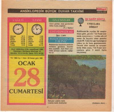 28 Ocak 1984 Takvim Yaprağı EFM(N)4643 - 1