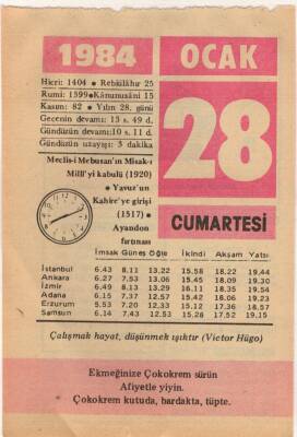 28 Ocak 1984 Takvim Yaprağı EFM(N)4767 - 1