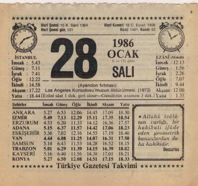 28 Ocak 1986 Takvim Yaprağı EFM(N)5046 - 1