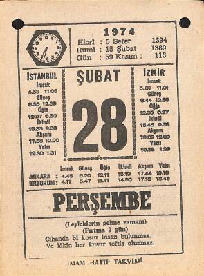 28 Şubat 1974 Takvim Yaprağı - Doğum Günü Hediyesi EFM(N)12314 - 1