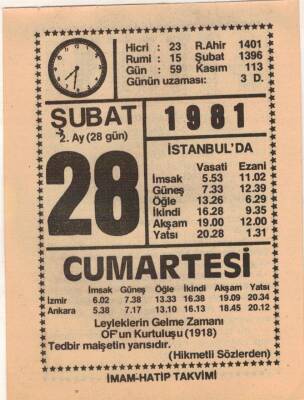 28 Şubat 1981 Takvim Yaprağı EFM(N)5435 - 1