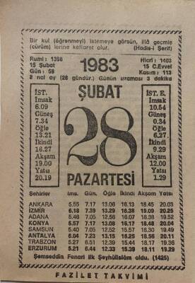 28 Şubat 1983 Takvim Yaprağı - Doğum Günü Hediyesi EFM(N)7825 - 1