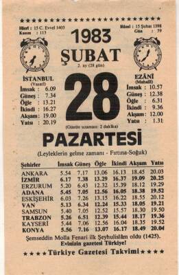 28 Şubat 1983 Takvim Yaprağı EFM(N)5408 - 1