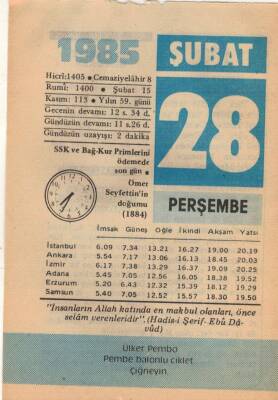 28 Şubat 1985 Takvim Yaprağı EFM(N)5154 - 1