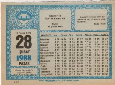 28 Şubat 1988 Takvim Yaprağı EFM(N)5518 - 1