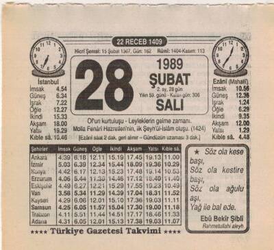 28 Şubat 1989 Takvim Yaprağı EFM(N)5380 - 1