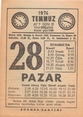 28 Temmuz 1974 Takvim Yaprağı EFM(N)2163 - 1