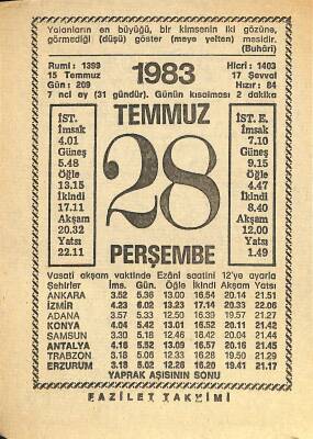 28 Temmuz 1983 Takvim Yaprağı - Doğum Günü Hediyesi EFM(N)11992 - 1