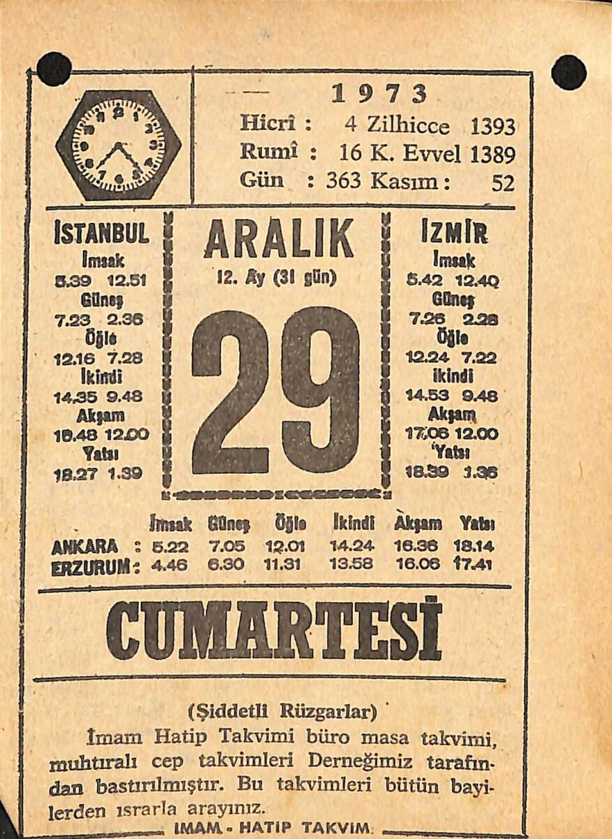 29 Aralık 1973 Takvim Yaprağı - Doğum Günü Hediyesi EFMN13658 - 1