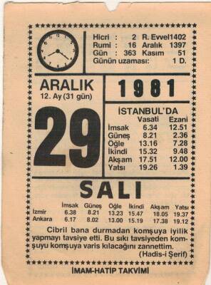 29 Aralık 1981 Takvim Yaprağı EFM(N)4434 - 3