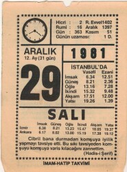 29 Aralık 1981 Takvim Yaprağı EFM(N)4434 - 2