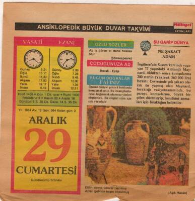 29 Aralık 1984 Takvim Yaprağı EFM(N)4095 - 3