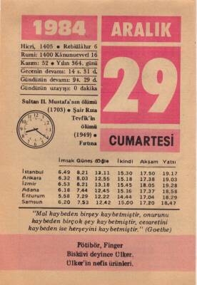 29 Aralık 1984 Takvim Yaprağı EFM(N)4188 - 3