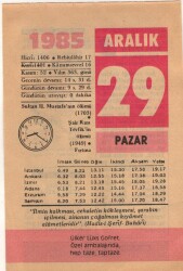 29 Aralık 1985 Takvim Yaprağı EFM(N)4126 - 3