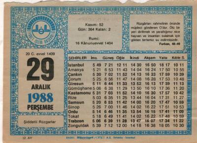 29 Aralık 1988 Takvim Yaprağı EFM(N)4495 - 3