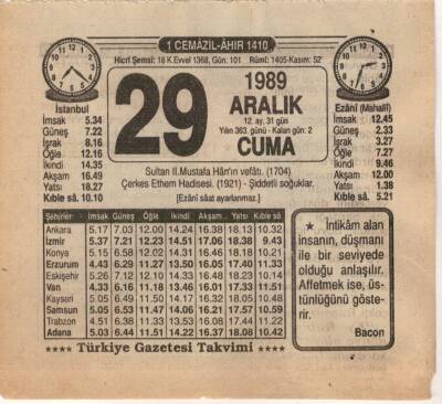 29 Aralık 1989 Takvim Yaprağı EFM(N)4219 - 3