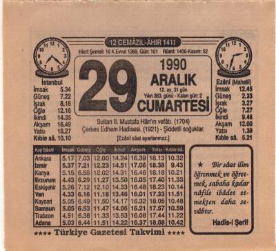 29 Aralık 1990 Takvim Yaprağı EFM(N)4157 - 2