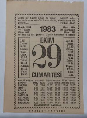 29 Ekim 1983 Takvim Yaprağı - Doğum Günü Hediyesi EFM(N)6733 - 1