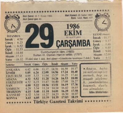 29 Ekim 1986 Takvim Yaprağı EFM(N)3092 - 3