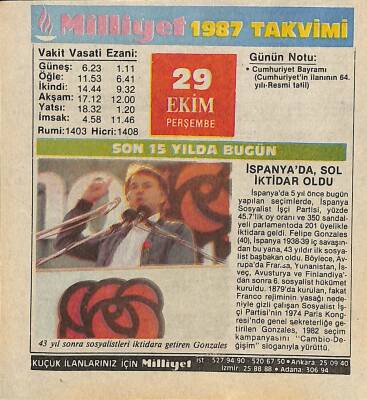 29 Ekim 1987 Resimli Takvim Yaprağı - Doğum Günü Hediyesi EFM(N)10527 - 4