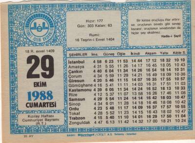 29 Ekim 1988 Takvim Yaprağı EFM(N)3215 - 2