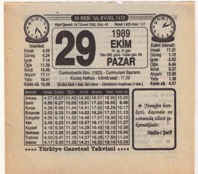 29 Ekim 1989 Takvim Yaprağı EFM(N)3123 - 2