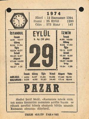 29 Eylül 1974 Takvim Yaprağı - Doğum Günü Hediyesi EFM(N)12383 - 1