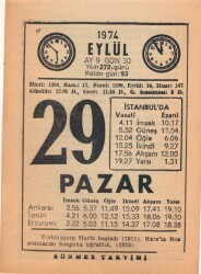 29 Eylül 1974 Takvim Yaprağı EFM(N)2816 - 3