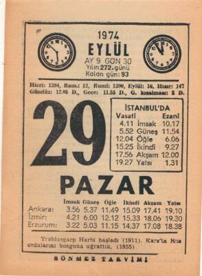 29 Eylül 1974 Takvim Yaprağı EFM(N)2816 - 1