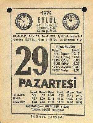 29 Eylül 1975 Takvim Yaprağı - Doğum Günü Hediyesi EFM(N)12517 - 1