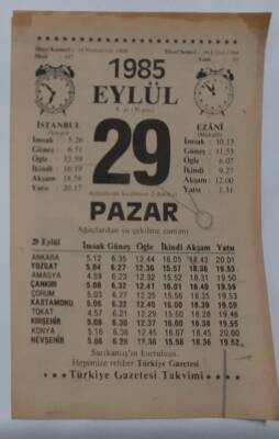 29 Eylül 1985 Takvim Yaprağı - Doğum Günü Hediyesi EFM(N)6833 - 1