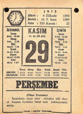 29 Kasım 1973 Takvim Yaprağı - Doğum Günü Hediyesi EFM(N)10731 - 4