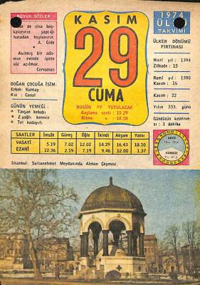 29 Kasım 1974 Takvim Yaprağı - Doğum Günü Hediyesi EFM(N)10702 - 2