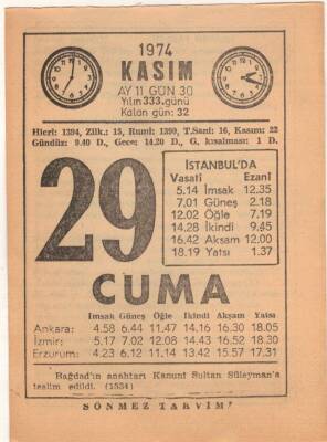 29 Kasım 1974 Takvim Yaprağı EFM(N)3339 - 3