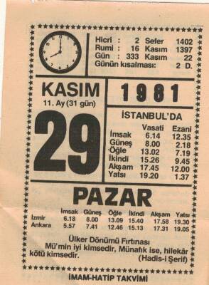 29 Kasım 1981 Takvim Yaprağı EFM(N)4281 - 3