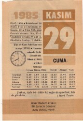 29 Kasım 1985 Takvim Yaprağı EFM(N)3399 - 3