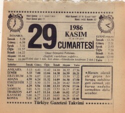 29 Kasım 1986 Takvim Yaprağı EFM(N)3429 - 3