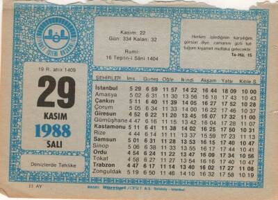 29 Kasım 1988 Takvim Yaprağı EFM(N)3459 - 3