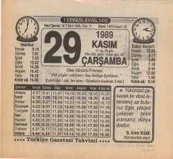 29 Kasım 1989 Takvim Yaprağı EFM(N)3489 - 3