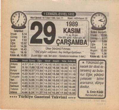 29 Kasım 1989 Takvim Yaprağı EFM(N)3489 - 1