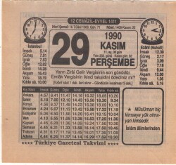 29 Kasım 1990 Takvim Yaprağı EFM(N)3943 - 3