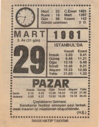 29 Mart 1981 Takvim Yaprağı EFM(N)6030 - 3