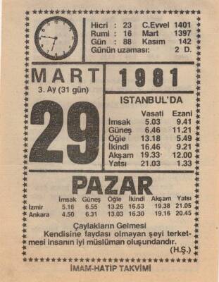 29 Mart 1981 Takvim Yaprağı EFM(N)6030 - 2