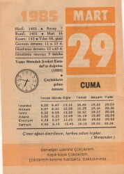 29 Mart 1985 Takvim Yaprağı EFM(N)6123 - 3