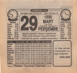 29 Mart 1990 Takvim Yaprağı EFM(N)6001 - 3